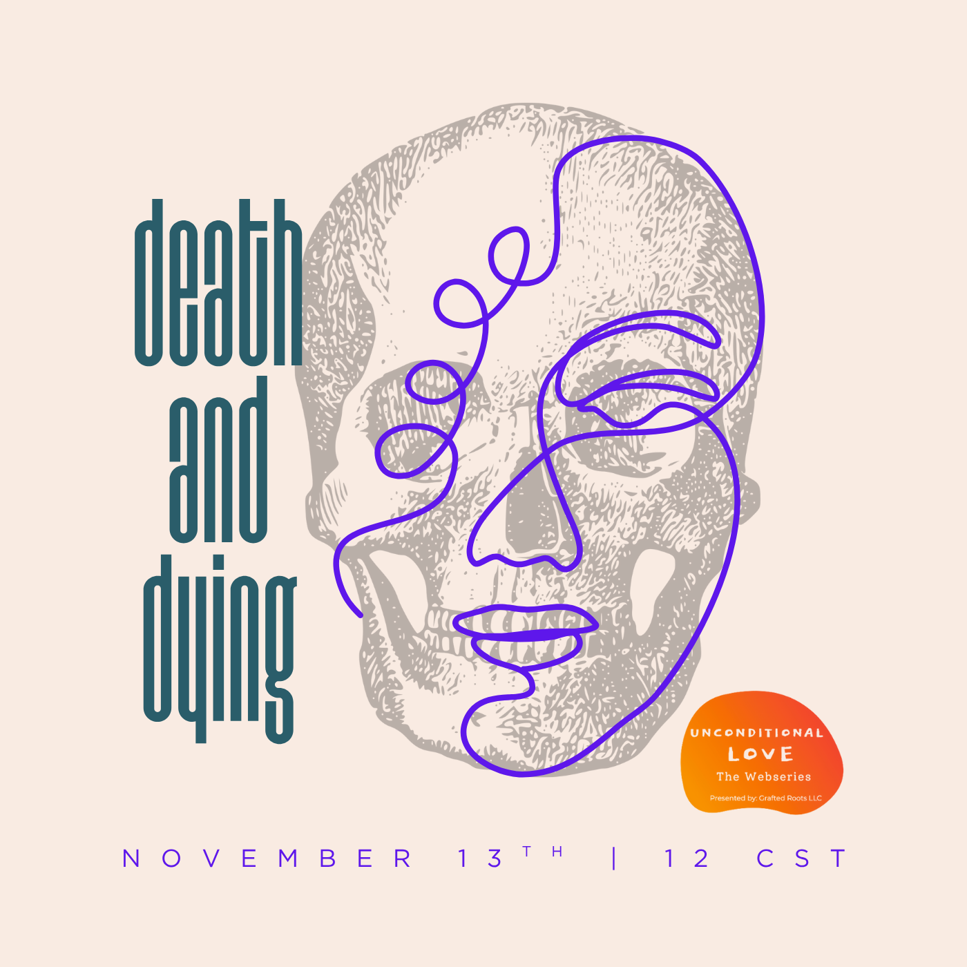 line drawing of face layered on the front of a human skull